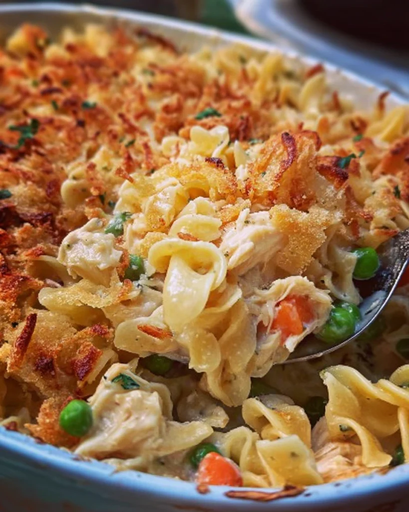 Baked easy chicken noodle casserole topped with crispy breadcrumbs.