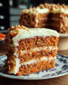 Slice of Mom's Legendary Carrot Cake topped with cream cheese frosting
