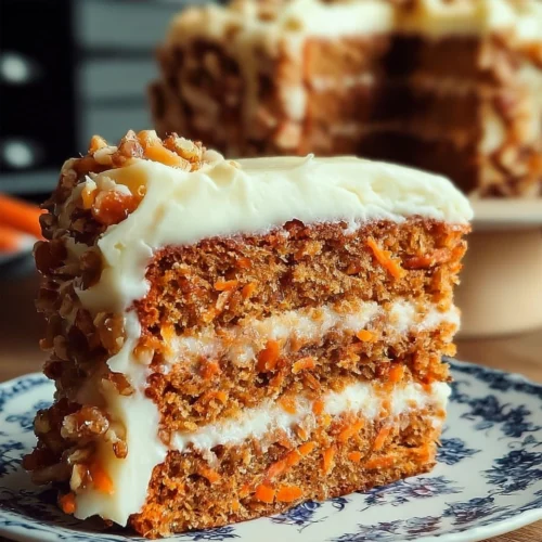 Slice of Mom's Legendary Carrot Cake topped with cream cheese frosting