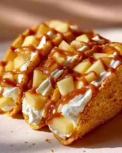 Delicious apple cheesecake tacos served on a plate with a garnish.