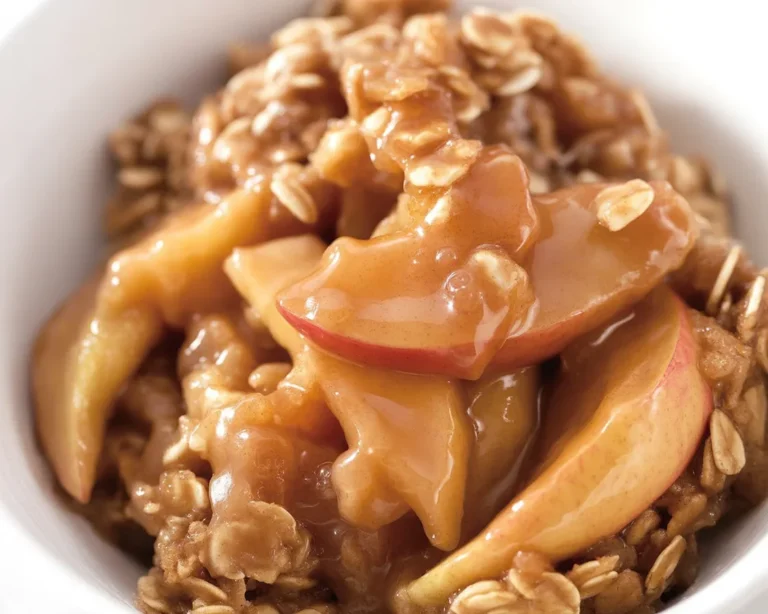 Delicious apple crisp topped with buttery cinnamon oat topping and fresh apples