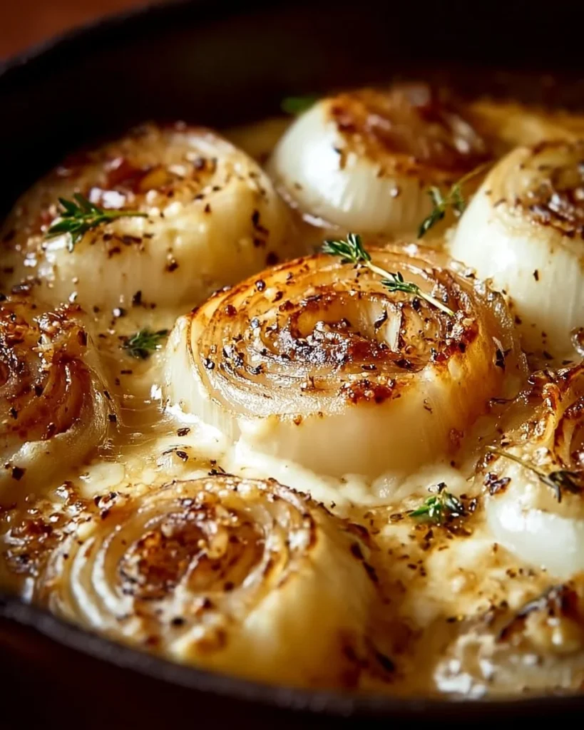 Asiago Creamy Baked Onions on a dish, perfect for a savory side dish.