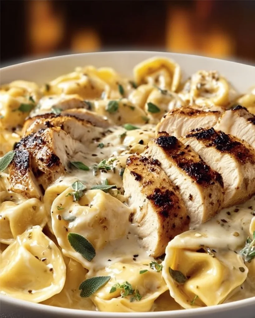 Creamy Asiago Tortellini Alfredo topped with grilled chicken on a plate.