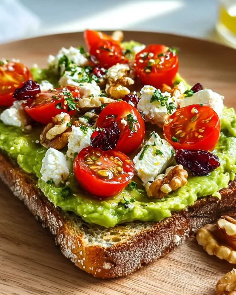 Avocado Feta Toast topped with fresh ingredients on a rustic slice of bread