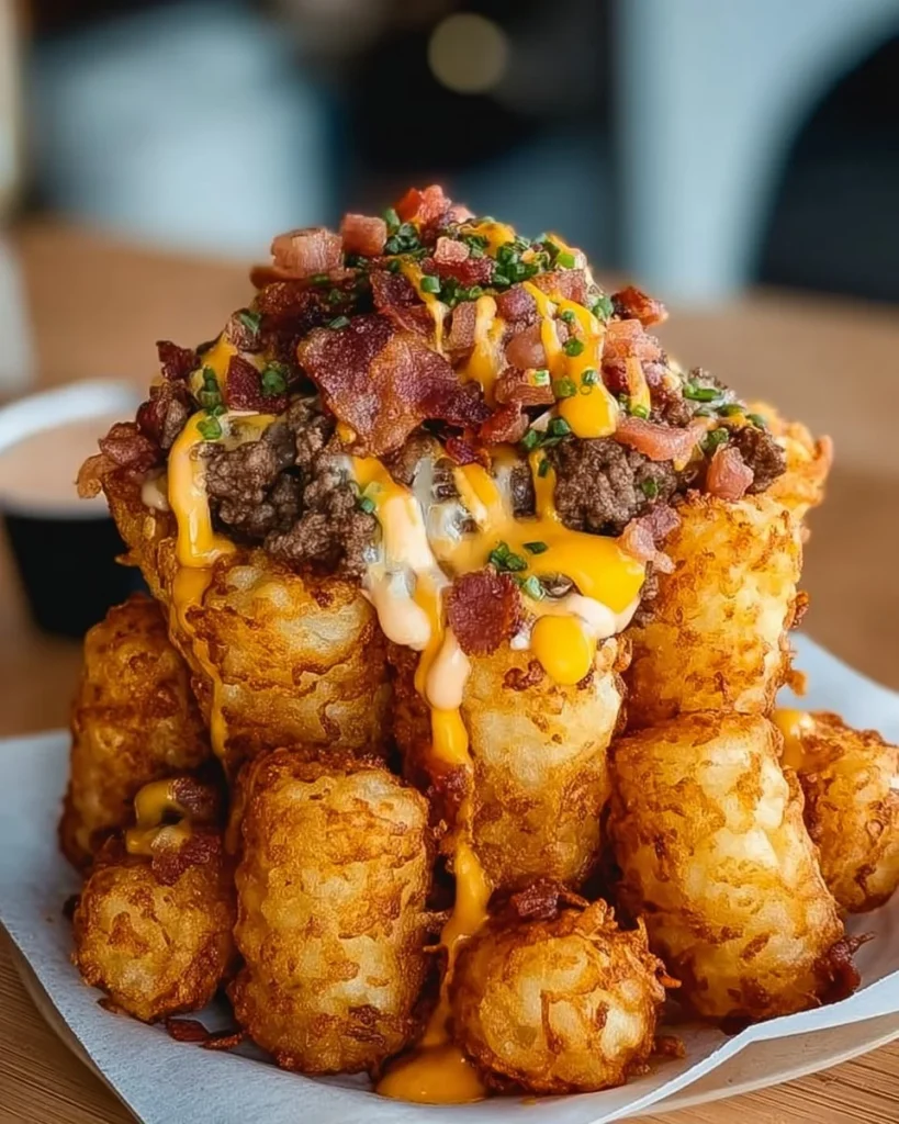 Bacon cheeseburger stuffed tater tot cones on a serving platter