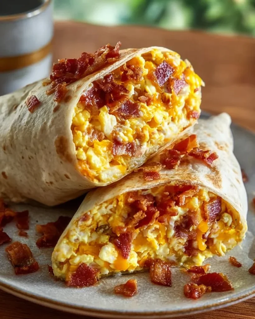 Bacon, egg, and cheese breakfast burrito on a plate