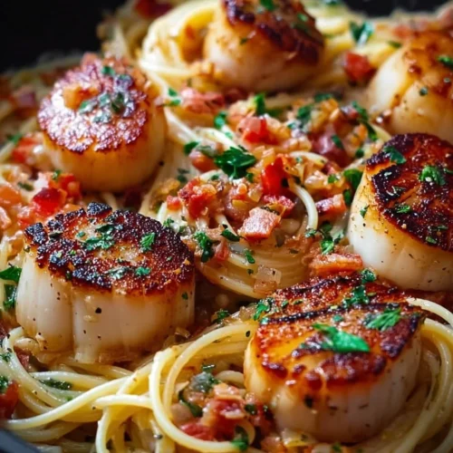 Bacon and garlic cream scallop spaghetti topped with parsley and pepper.