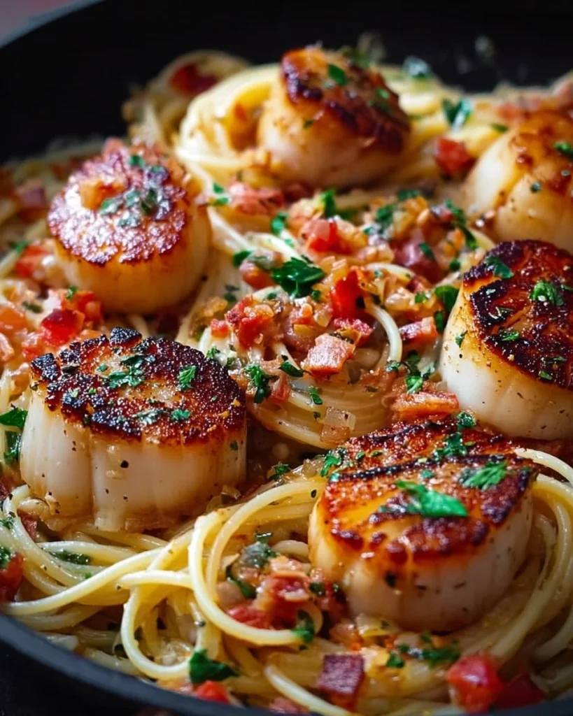 Bacon and garlic cream scallop spaghetti topped with parsley and pepper.