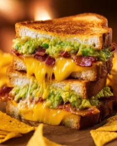 Bacon Guacamole Grilled Cheese sandwich with melted cheese and toppings