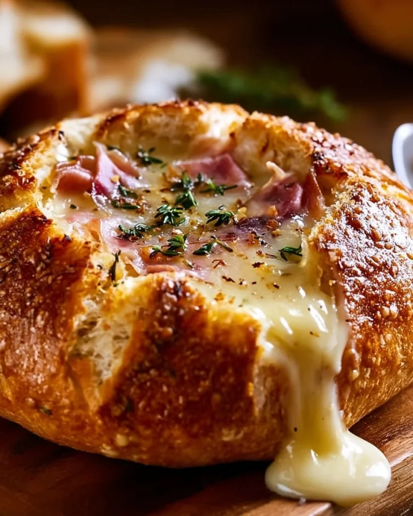 Baked Brie bread bowl filled with prosciutto and honey, perfect appetizer