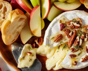 Delicious baked brie topped with honey and pecans, served on a wooden platter.