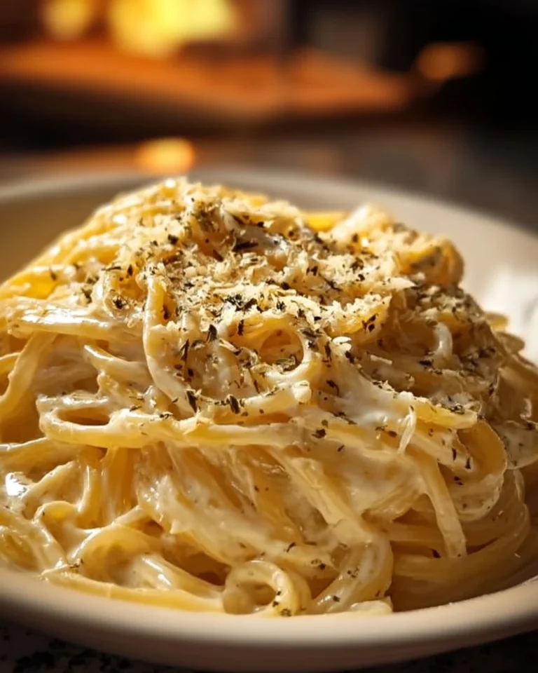 Baked Cream Cheese Spaghetti in a casserole dish topped with cheese