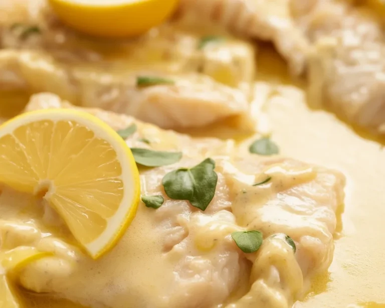 A plate of baked fish with lemon cream sauce, garnished with herbs.