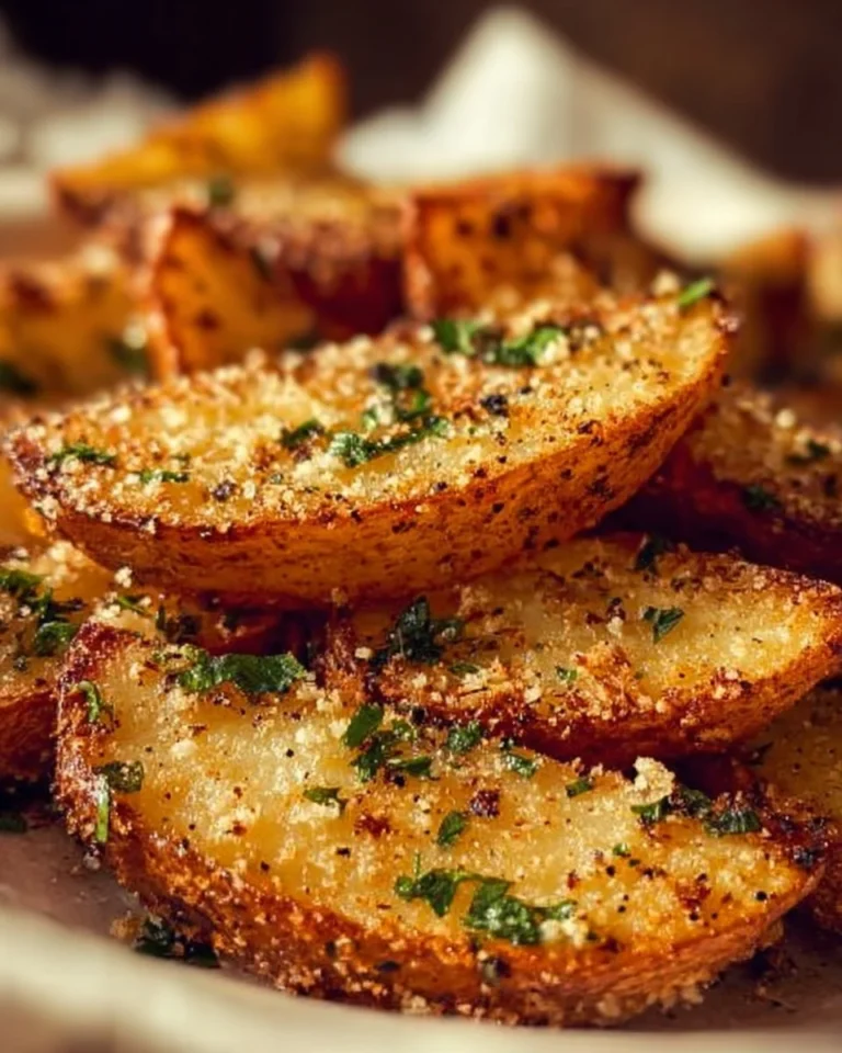 Baked garlic parmesan potato wedges served on a plate garnished with herbs