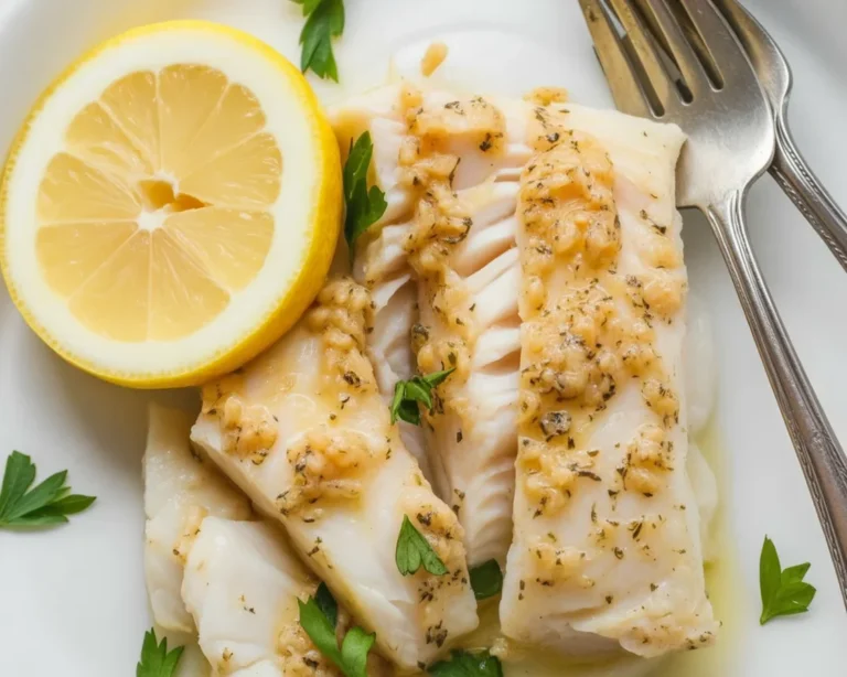 Plate of baked halibut drizzled with lemon garlic butter sauce