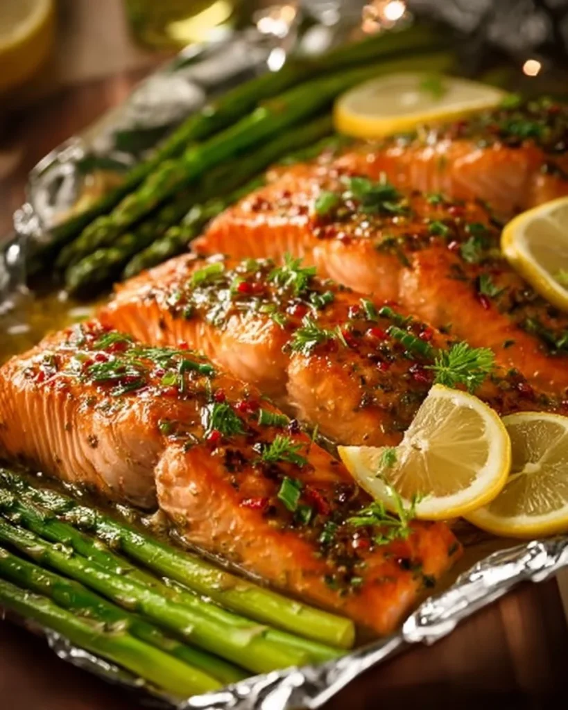 Baked salmon in foil with asparagus and lemon garlic butter sauce
