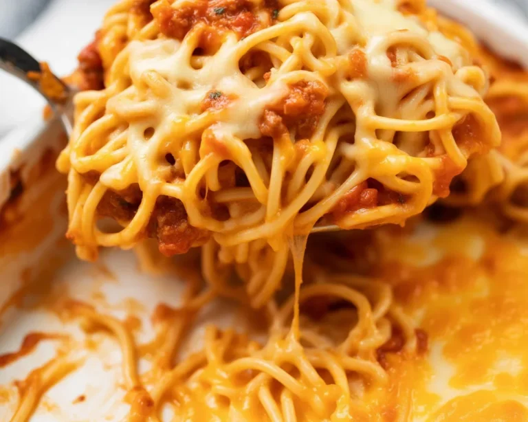 Delicious baked spaghetti with meat sauce and cheese, perfect for a family meal.