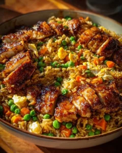 Plate of Bang Bang Chicken Fried Rice with colorful vegetables and sauce.