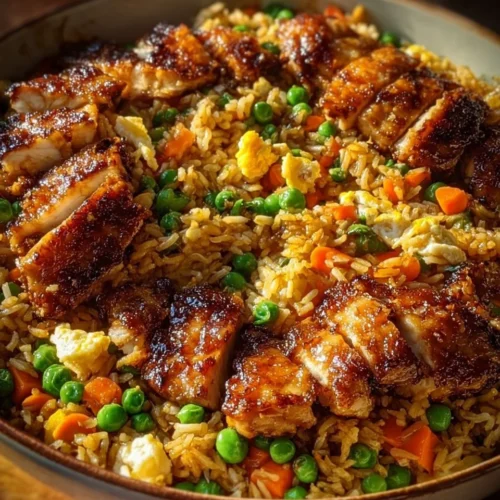 Plate of Bang Bang Chicken Fried Rice with colorful vegetables and sauce.