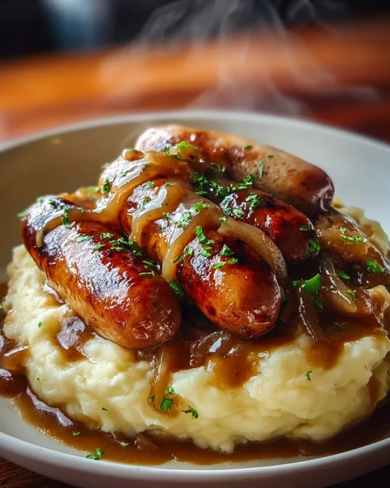 A plate of bangers and mash with sausages and creamy mashed potatoes
