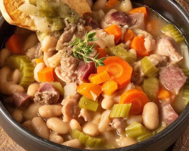 A bowl of hearty ham and bean soup topped with chopped parsley.
