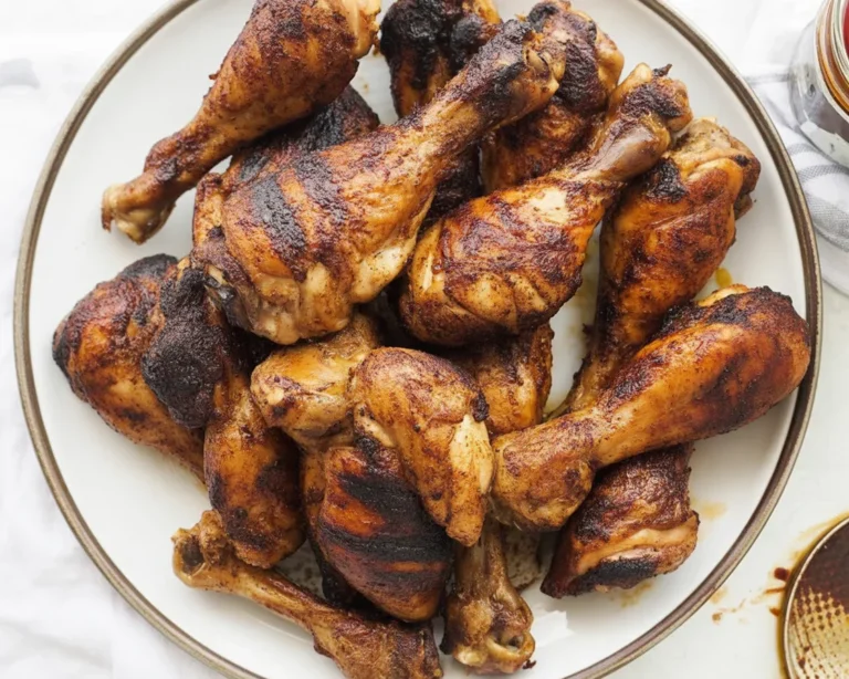 A delicious plate of smoky BBQ chicken served with homemade sauce and herbs.