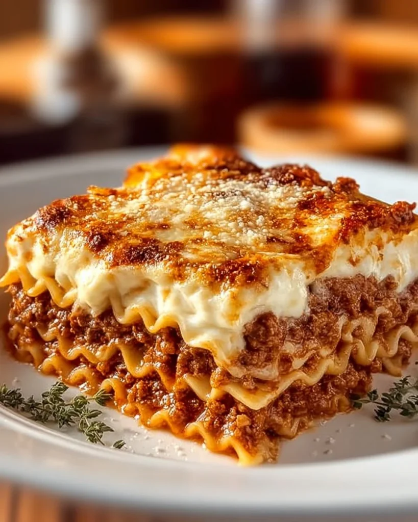 Delicious Béchamel Cheese Beef Lasagna served on a plate with fresh herbs.