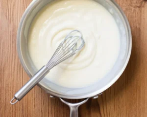 Creamy bechamel sauce made from butter, flour, and milk for lasagna and pasta dishes.