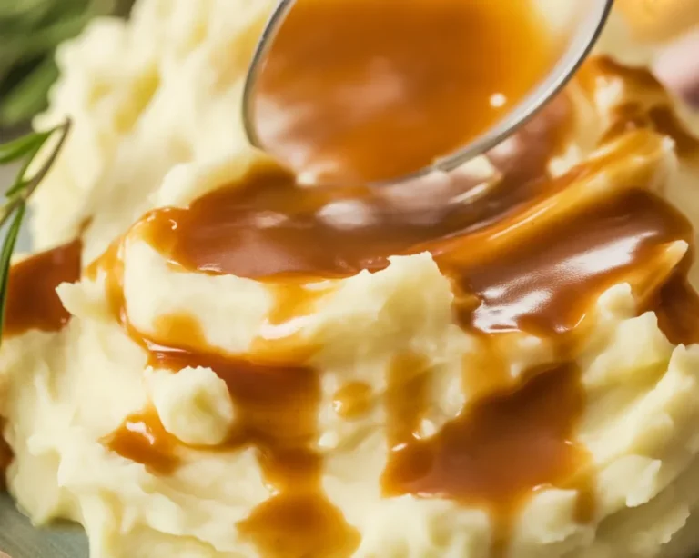 Delicious homemade brown gravy served over mashed potatoes.