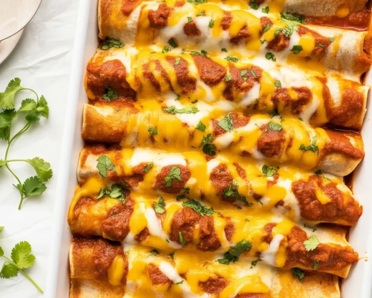 Delicious beef enchiladas topped with homemade red sauce and melted cheese.