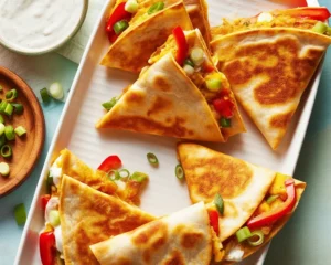 Delicious chicken quesadilla loaded with cheese, chicken, and fresh vegetables.