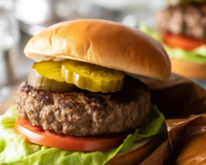 Juicy homemade hamburgers on a grill ready to be served.