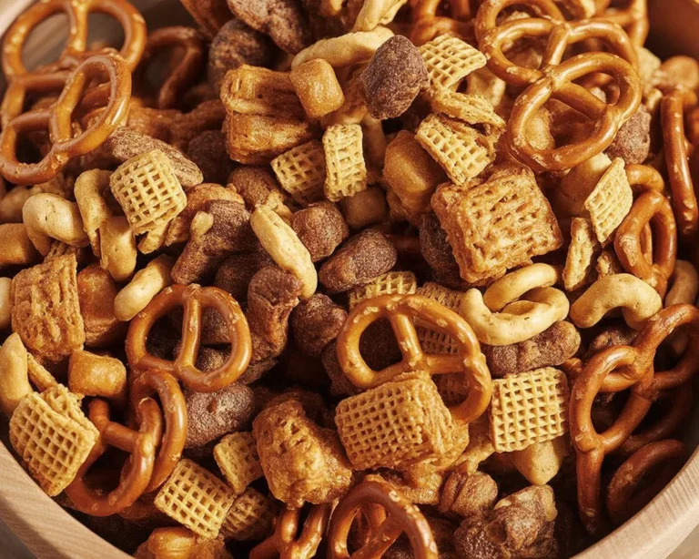 Delicious homemade Chex Mix with cereal, pretzels, and nuts in a large bowl.