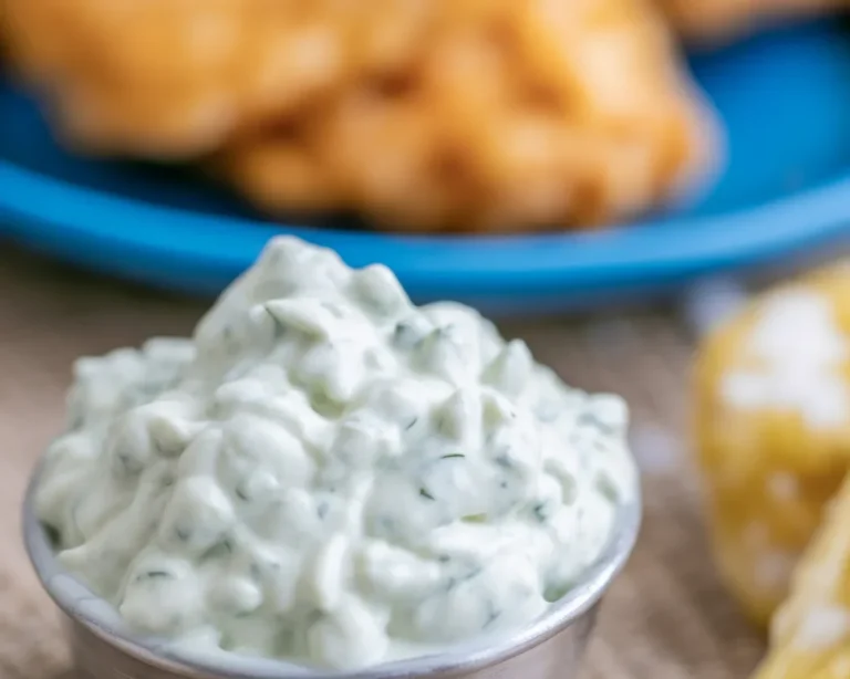 Homemade tartar sauce recipe with dill pickles and lemon for seafood dishes.