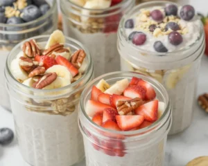 Delicious overnight oats topped with fresh fruits and nuts in a mason jar