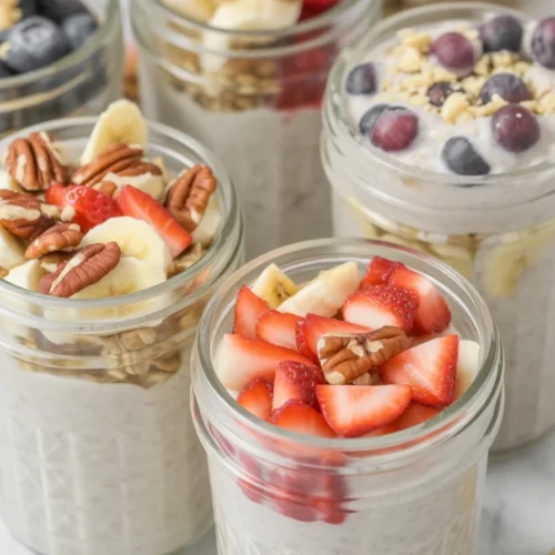 Delicious overnight oats topped with fresh fruits and nuts in a mason jar