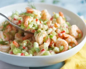 A bowl of vibrant shrimp salad with fresh vegetables and a creamy dressing