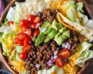 Delicious and colorful taco salad with seasoned ground beef and fresh vegetables.