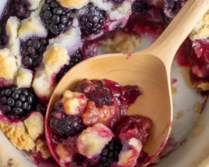 Fresh blackberry cobbler baked to golden perfection, served warm with ice cream.