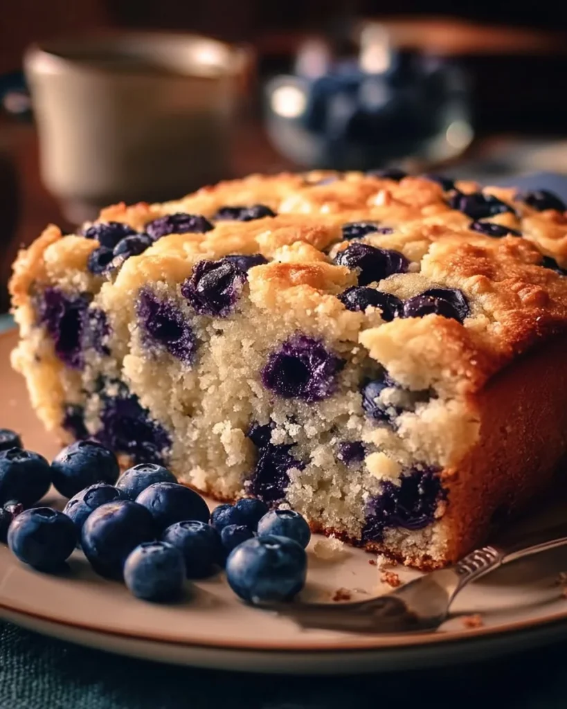 Delicious blueberry buttermilk breakfast cake with fresh blueberries on top