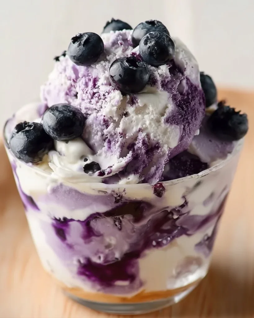 A scoop of blueberry cheesecake ice cream made with cottage cheese.