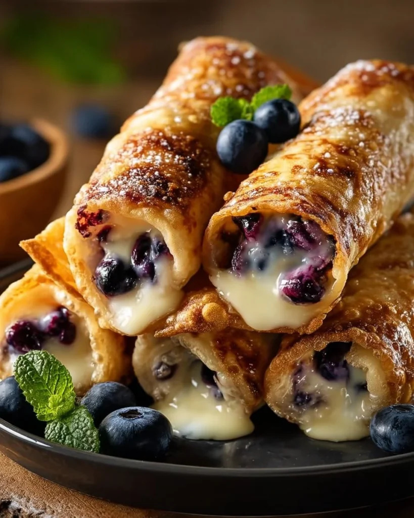 Blueberry cream cheese egg rolls served with a berry sauce