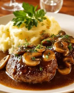 Delicious Bobby Flay Salisbury Steak served with savory gravy and sides.