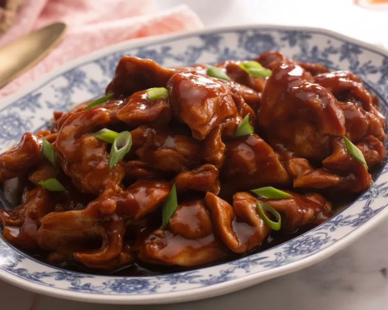 Delicious bourbon chicken served with a sweet and tangy sauce over rice.