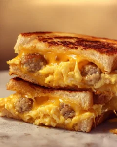 Delicious breakfast grilled cheese sandwich with scrambled eggs and sausage