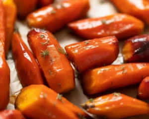 Deliciously caramelized glazed carrots with brown sugar and honey on a serving dish.