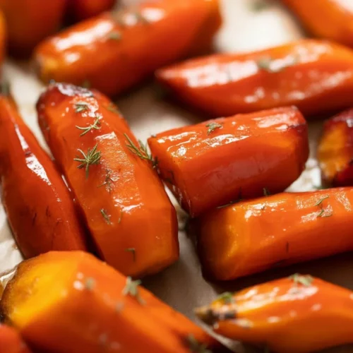 Deliciously caramelized glazed carrots with brown sugar and honey on a serving dish.