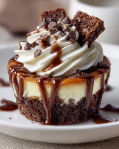 Delicious brownie cheesecake cups topped with chocolate drizzle.