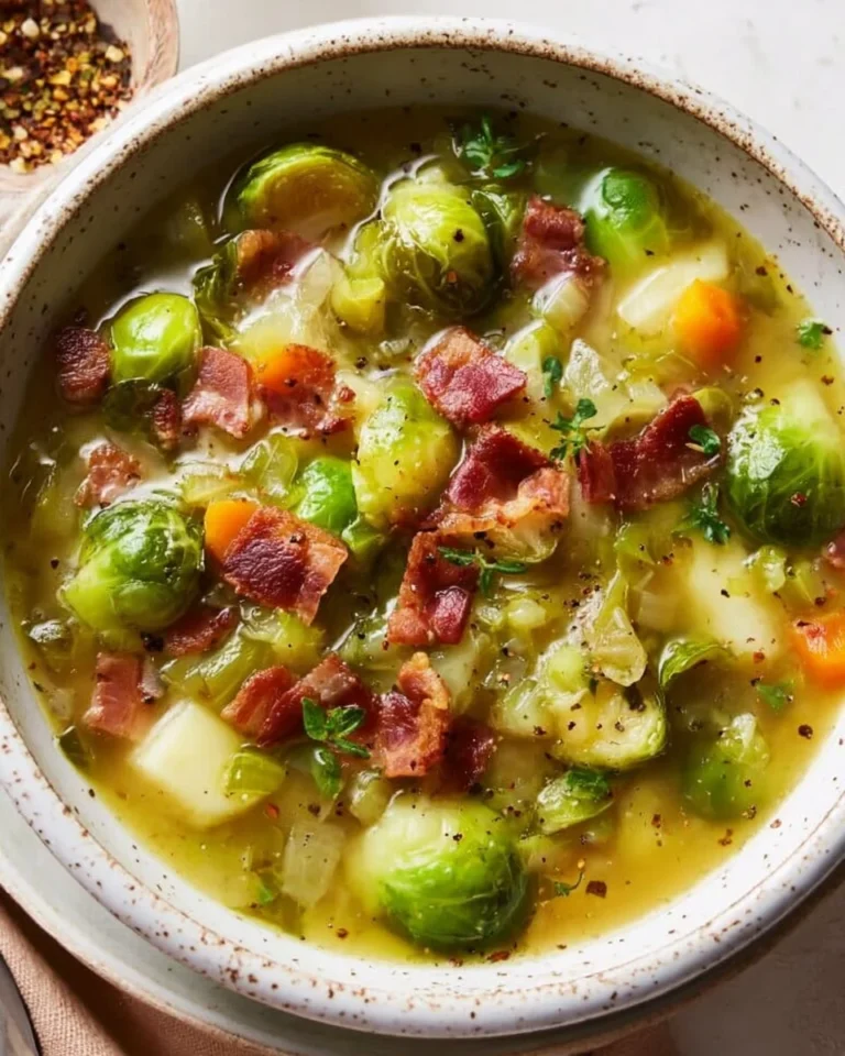 Bowl of creamy Brussels Sprout Soup with crispy bacon on top