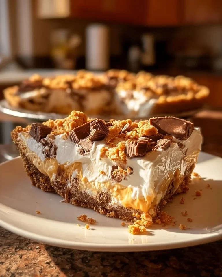 Delicious Butterfinger Pie topped with crushed Butterfinger candies